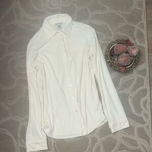 🌷ANN TAYLOR🌷Cream button up long sleeve rayon poly ribbed blouse